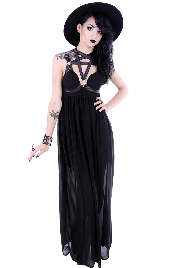 Harness black dress with basquine, leather straps, o-rings, witch