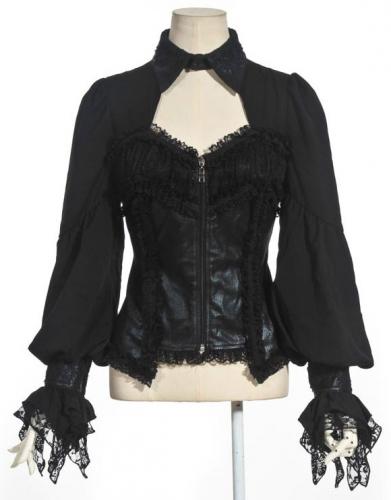 NEW WITCH 21304 BK Black underbust corset effet Shirt with neckline, puffed sleeves and lace RQBL