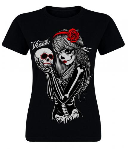 NEW WITCH CROW GIRL T Tshirt cavalera corbeau rose rouge squelette crne Vixxsin