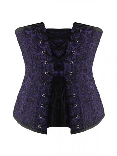 Dark purple black floral pattern spiral steel bone underbust corset 2