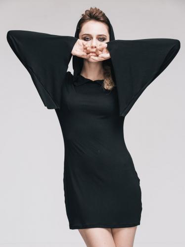 Black skinny dress with flared sleeves and hood, witch occult 2
