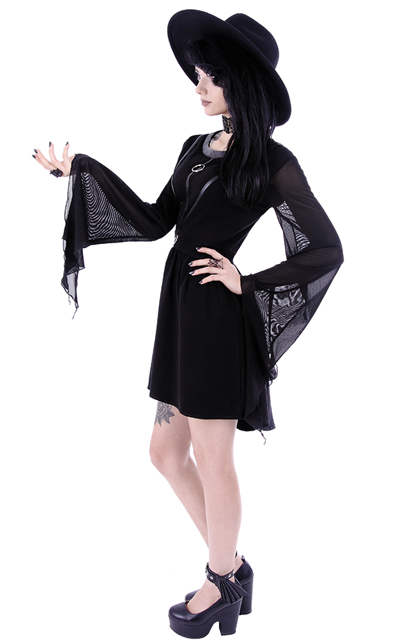 PENTAGRAM DRESS Black long gothic dress, leather straps, o-rings