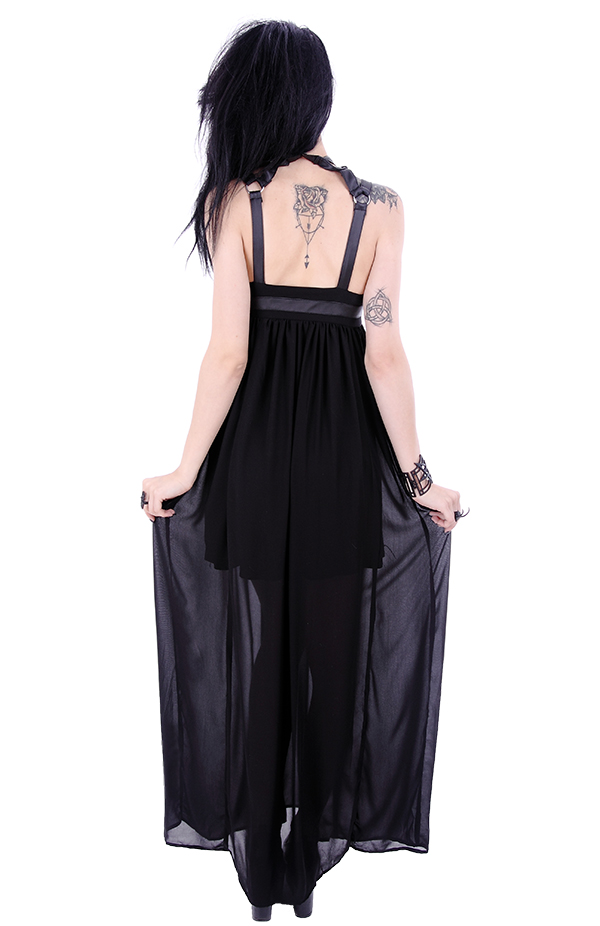 PENTAGRAM DRESS Black long gothic dress, leather straps, o-rings, witchy,  harness, restyle