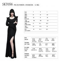 NEW WITCH SKT056 Long black slit hooded dress with long flared sleeves, witchy gothic Size Chart