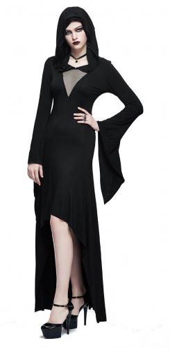 NEW WITCH SKT057 Long asymmetrical black dress with hood and transparent neckline, gothic witchy
