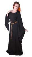 NEW WITCH Very long black dress with flared sleeves and gold ribbon, medieval witch priestess