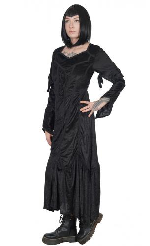 Longue robe gothique mdival en velours noir, bordures brodes et laage 1