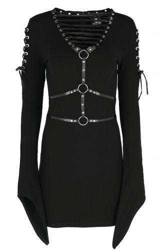 Black VENOM DRESS with wide sleeves, harness and lacings, gothic restyle