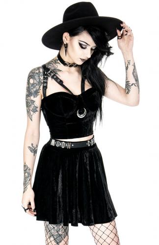 Black velvet crop top, faux leather harness and silver moon, restyle nugoth 1