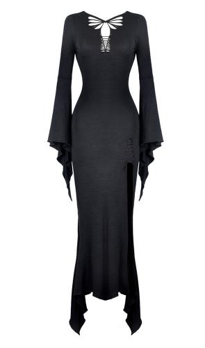 NEW WITCH DW332 Black Long Slit Dress, tattered Effect, witchy nugoth, Darkinlove
