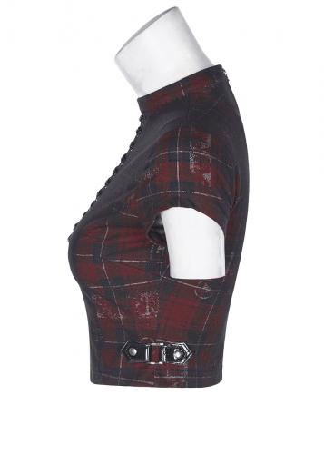 Red and black tartan crop top, faux leather lace-up and straps, punk rock, punk rave 1