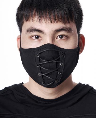 Black fabric reusable mask with decorative lace-up 2