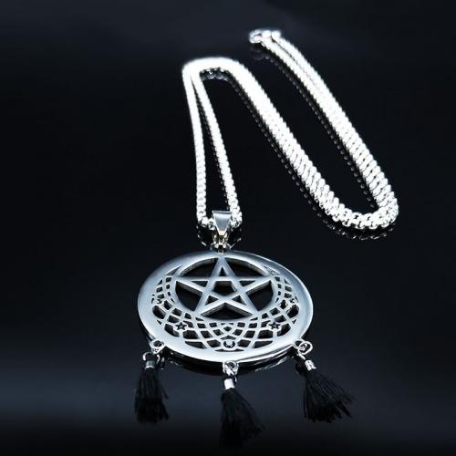 Collier argent attrape rves pentagramme avec pompons, witchy pagan wicca 1