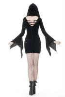NEW WITCH DW375 Short black velvet dress, long sleeves, hood and lacing, sexy witchy, Darkinlove