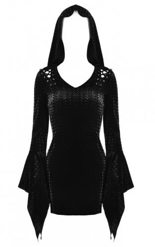 NEW WITCH DW375 Short black velvet dress, long sleeves, hood and lacing, sexy witchy, Darkinlove