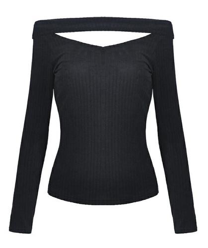 Black bare shoulders top with long sleeves and back lace-up, gothic casual, Darkinlove