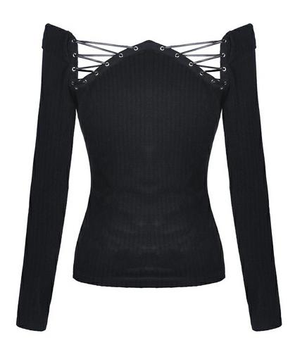 Black bare shoulders top with long sleeves and back lace-up, gothic casual, Darkinlove 1