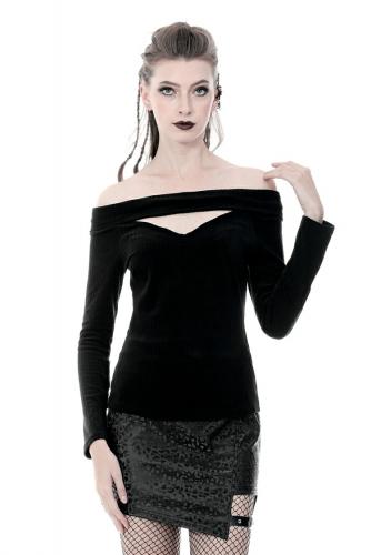 Black bare shoulders top with long sleeves and back lace-up, gothic casual, Darkinlove 2