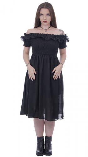 Long black bare shoulders dress with frills and elastic waist