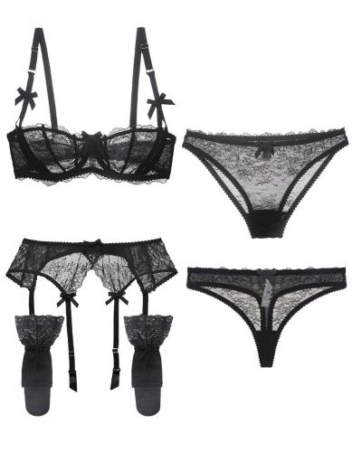 Ensemble lingerie fine 5pcs noire  dentelle transparente, sous-vtement sexy 1