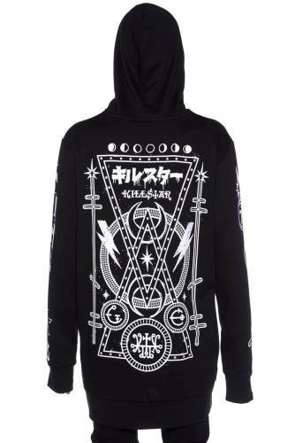 Long black hoodie, occult white patterns, Occult Youth Killstar, gothic street 2