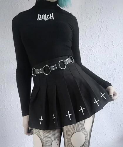 Short black pleated skirt with embroidered cross, gothic nugoth uniform schoolgirl 1