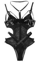 NEW WITCH Black mesh and shiny vinyl bodysuit with harness straps, sexy goth fetish