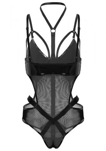 Black mesh and shiny vinyl bodysuit with harness straps, sexy goth fetish 1