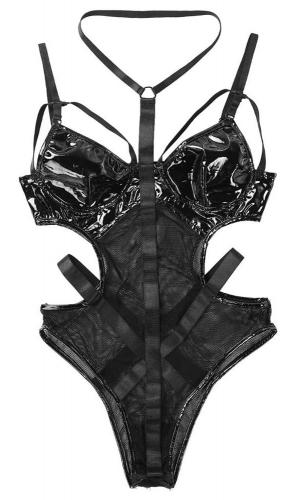 Black mesh and shiny vinyl bodysuit with harness straps, sexy goth fetish 2