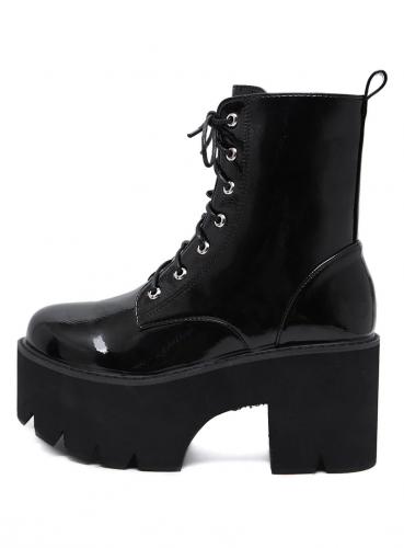 Black glosse vinyl wedge ankle boots, zip and lacing, gothic fetish rock 2
