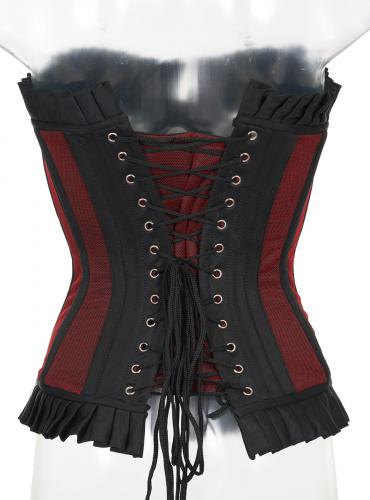 Black overbust corset with red fishnet, zip and pleated border 1