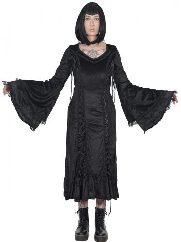 NEW WITCH Long black velvet dress with lace-up and double flared sleeves