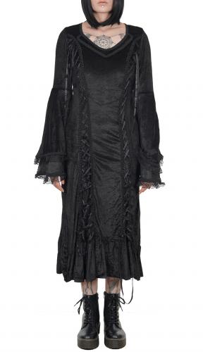 Long black velvet dress with lace-up and double flared sleeves 1