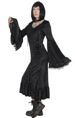 Long black velvet dress with lace-up and double flared sleeves 2