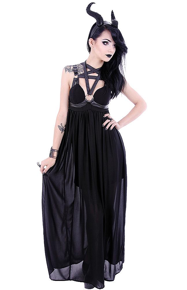 PENTAGRAM DRESS Black long gothic dress, leather straps, o-rings